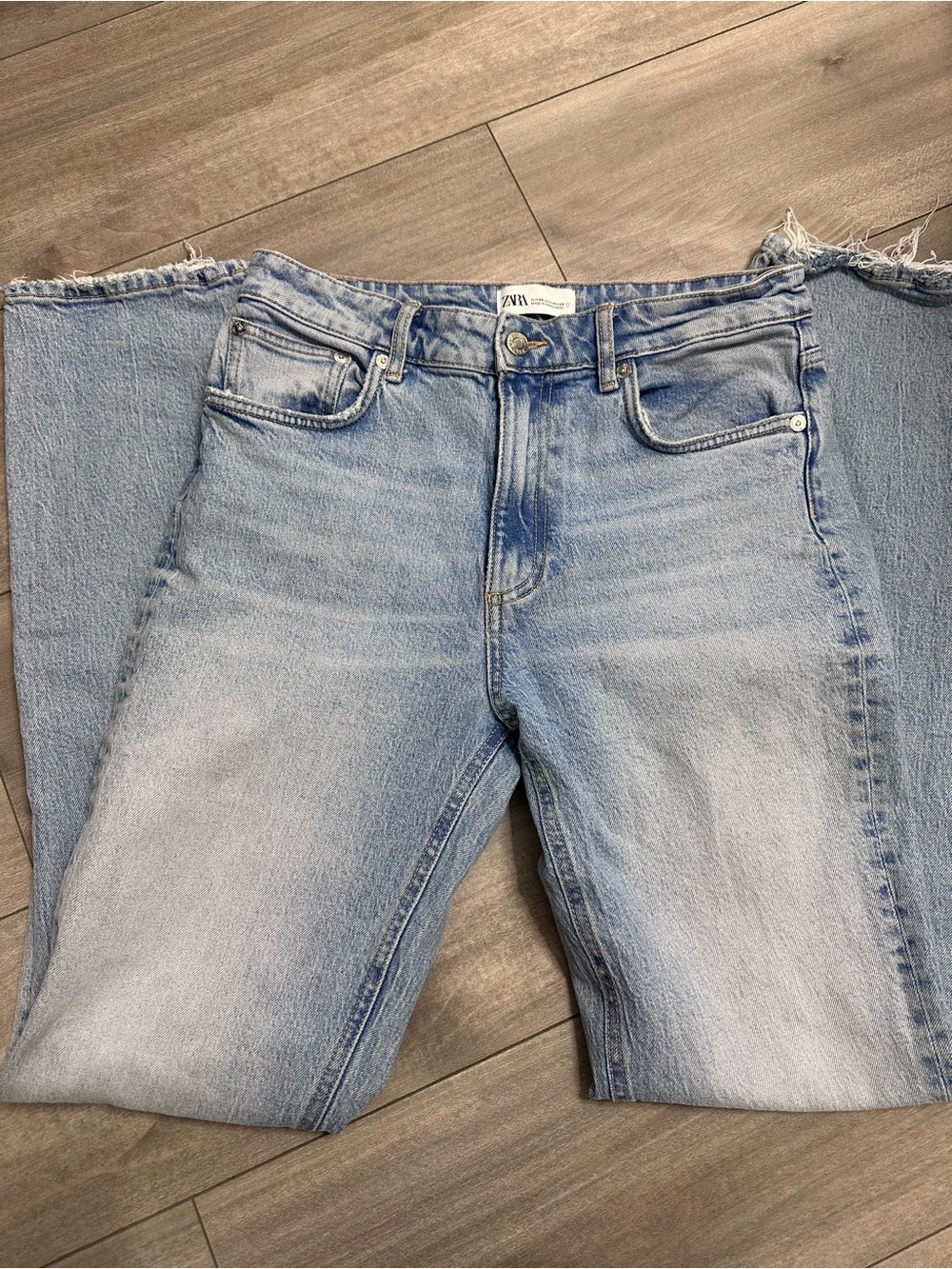 Zara Light Blue Wide Leg Frayed Hem Jeans